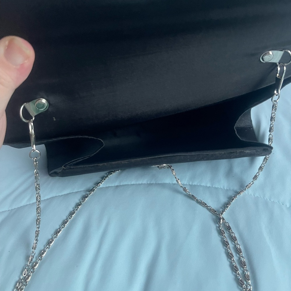 Formal satin envelope purse black, silver hardware. 9”x5”x 2 21” Handle - Picture 3 of 9
